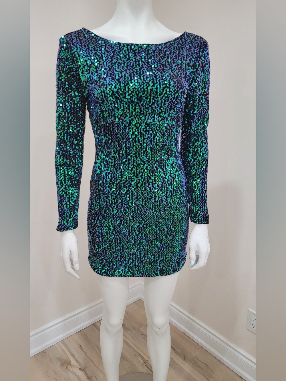 SHEINSIDE Sequin Long Sleeve Mini Dress in Black & Green Size Small
